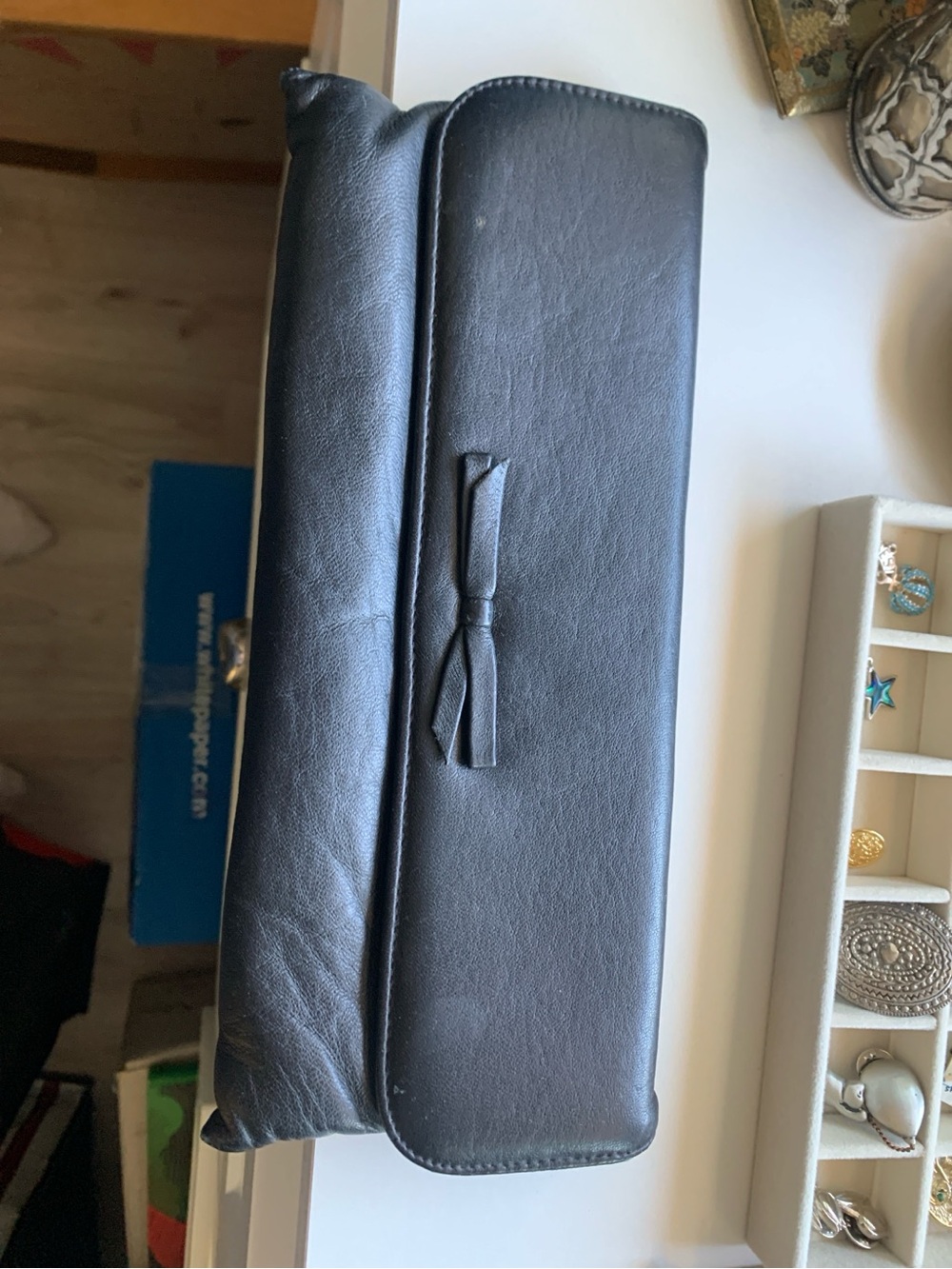 Vintage black leather evening clutch — 1930s–50s style